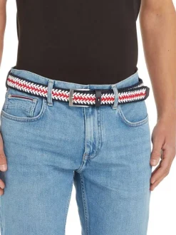 Ceinture tressée rouge tricolore avec boucle rectangulaire et argentée