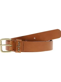 Ceinture camel unie avec une boucle métallique dorée et logo sur le passant