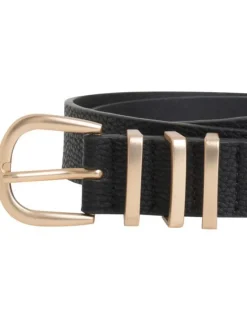 Ceinture effet grainé noire avec passants métalliques dorés