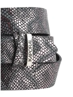 Ceinture en cuir de vache noir imprimé reptile avec boucle argentée