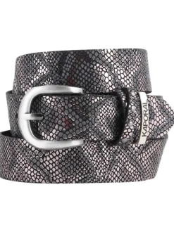 Ceinture en cuir de vache noir imprimé reptile avec boucle argentée