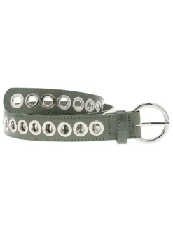 Ceinture en cuir kaki unie avec oeillets en métal argenté all over