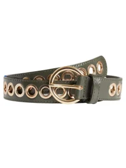 Ceinture en cuir kaki unie avec une boucle ronde et et des oeillets dorées