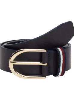 Ceinture en cuir lisse marine unie avec passant tricolore et boucle dorée