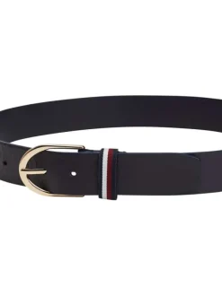 Ceinture en cuir lisse marine unie avec passant tricolore et boucle dorée