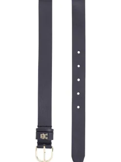 Ceinture en cuir marine unie avec une boucle arrondie et monogramme de la marque