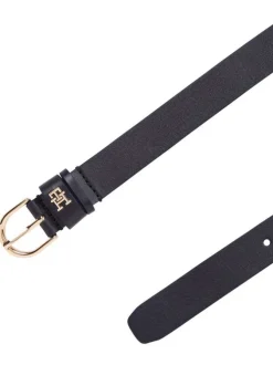 Ceinture en cuir marine unie lisse avec monogramme et boucle dorée