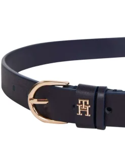 Ceinture en cuir marine unie lisse avec monogramme et boucle dorée