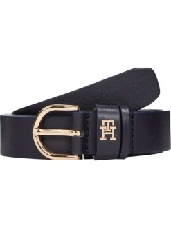 Ceinture en cuir marine unie lisse avec monogramme et boucle dorée