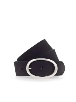 Ceinture en cuir noir avec une boucle métallique argentée ovale