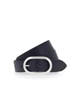 Ceinture en cuir noir avec une boucle métallique argentée ovale