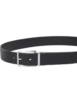Ceinture en cuir noire avec une boucle rectangulaire et un imprimé all-over logo
