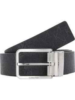 Ceinture en cuir noire avec une boucle rectangulaire et un imprimé all-over logo