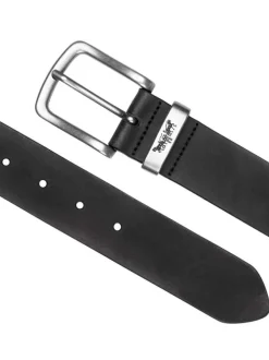 Ceinture en cuir noire unie avec boucle argentée et logo de la marque gravé