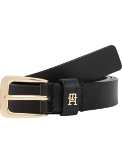 Ceinture en cuir noire unie avec fermeture à boucle à ardillon dorée