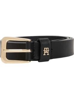 Ceinture en cuir noire unie avec fermeture à boucle à ardillon dorée
