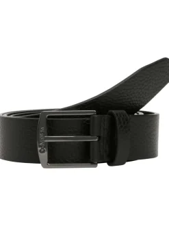Ceinture en cuir noire unie avec nom de la marque gravé sur la boucle