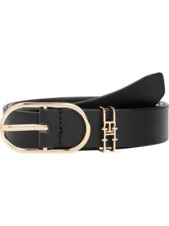 Ceinture en cuir noire unie à boucle ovale or et avec un passant métallique