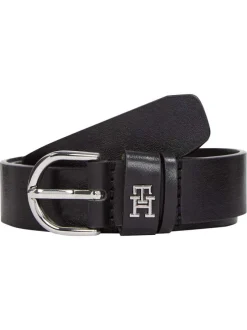 Ceinture en cuir noire unie lisse avec boucle argentée et monogramme