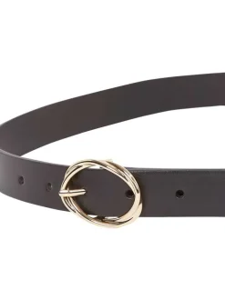 Ceinture en cuir noire unie lisse avec boucle dorée à double ovale et monogramme