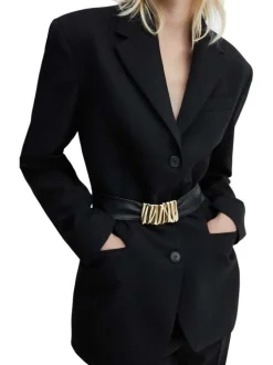Ceinture en cuir noir unie avec une coupe large et une grosse boucle doré