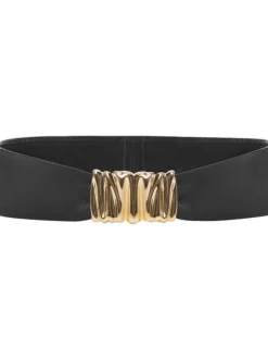 Ceinture en cuir noir unie avec une coupe large et une grosse boucle doré