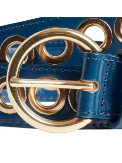 Ceinture en cuir pétrole unie avec une boucle et des oeillets dorées