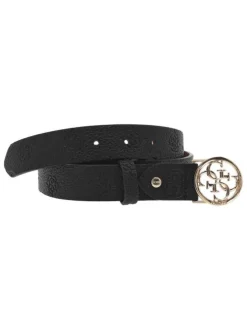 Ceinture en simili cuir noire et fine embossée avec une boucle ronde dorée