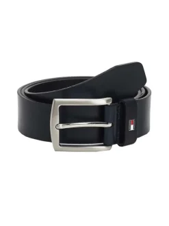 Ceinture marine en cuir unie avec logo de la marque imprimé sur le passant