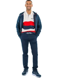 Ceinture marine en cuir unie avec logo de la marque imprimé sur le passant