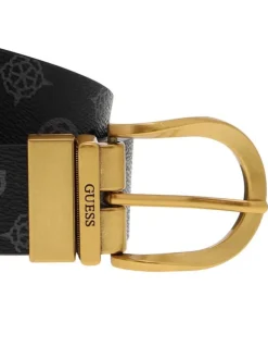 Ceinture noire avec des imprimés gris foncés et une boucle dorée