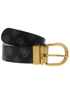 Ceinture noire avec des imprimés gris foncés et une boucle dorée