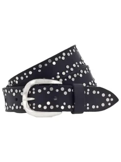 Ceinture noire cloutée avec une boucle métallique argentée arrondie