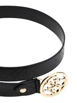 Ceinture noire grainée à imprimé monogrammes laqués avec une boucle dorée