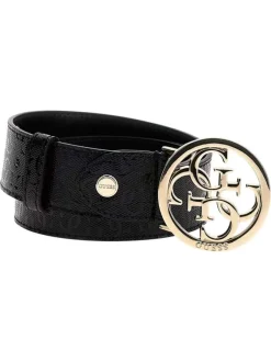 Ceinture noire grainée à imprimé monogrammes laqués avec une boucle dorée