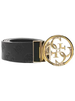 Ceinture noire à imprimé monogrammes avec une boucle dorée et siglée