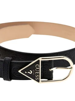Ceinture noire à imprimé monogrammes embossés avec une boucle dorée