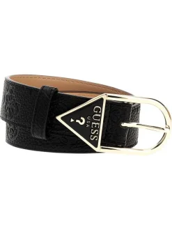 Ceinture noire à imprimé monogrammes embossés avec une boucle dorée