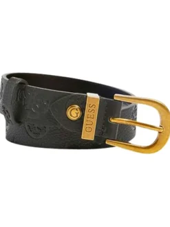 Ceinture noire unie aspect cuir grainé avec logos iconiques embossés et boucle ronde effet laiton