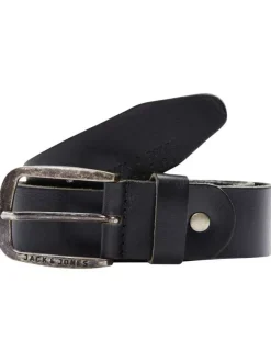 Ceinture Paul en cuir noire unie avec nom de la marque gravé sur la boucle