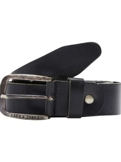 Ceinture Paul en cuir noire unie avec nom de la marque gravé sur la boucle