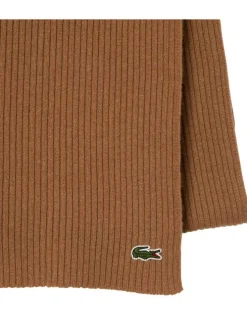 Écharpe en laine camel unie avec une coupe longue et un logo brodé