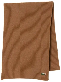 Écharpe en laine camel unie avec une coupe longue et un logo brodé