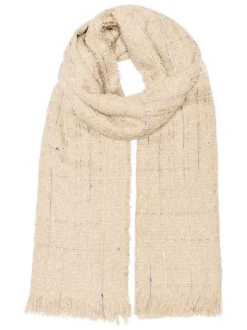 Écharpe écrue en tissu tweed pourvue de finitions frangées et de fils lurex