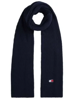 Écharpe en coton marine unie avec le logo de la marque brodé à l'extrémité
