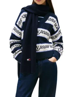 Écharpe en coton marine unie avec le logo de la marque brodé à l'extrémité