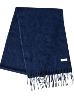 Écharpe en feutrine de laine mélangée bleu marine unie à franges et étiquette contrastée