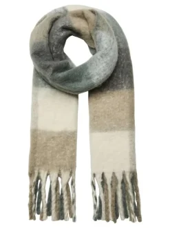 Écharpe multicolore écru, beige et gris pourvue de franges aux extrémités