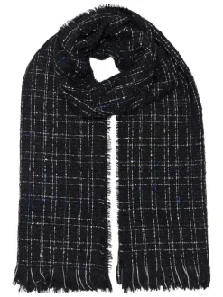 Écharpe noire en tissu tweed pourvue de finitions frangées et de fils lurex