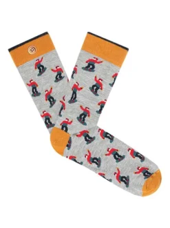 Chaussettes en coton gris imprimées coupe haute avec des snowboarder
